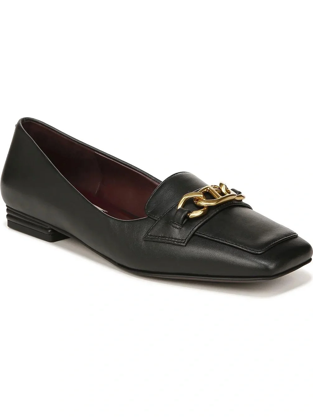 Franco Sarto Tiari Square Toe Loafer Flats Black Smooth Leather Gold Chain NEW 8